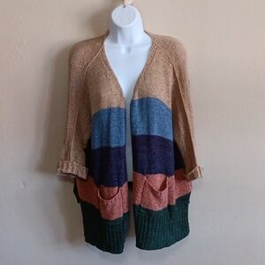 Multicolor Knit Slouchy Cardigan Sweater With Pockets, Fall Winter Layers